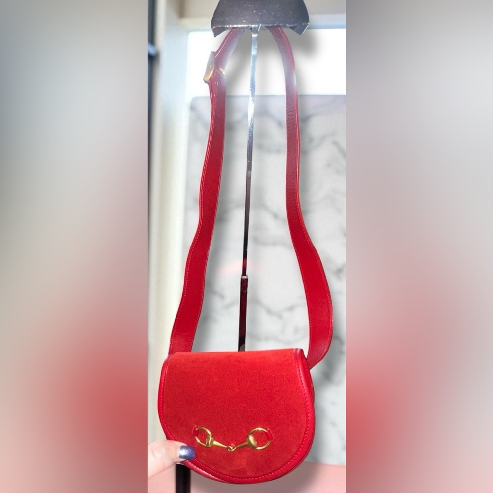 Gucci Horsebit Suede Waist Bag Mini Saddle Clutch Leather Red Gold Vintage COA - Picture 15 of 16